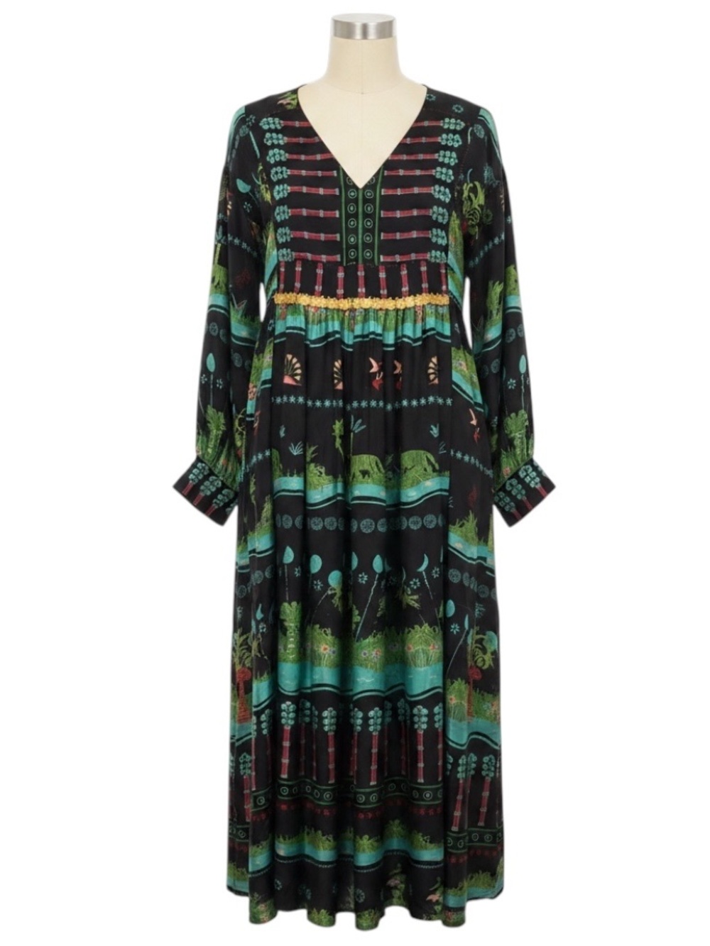 LE SIRENUSE POSITANO BLACK MULTI PRINTED SILK DRESS WITH GOLD COIN EMBELLISHMENT